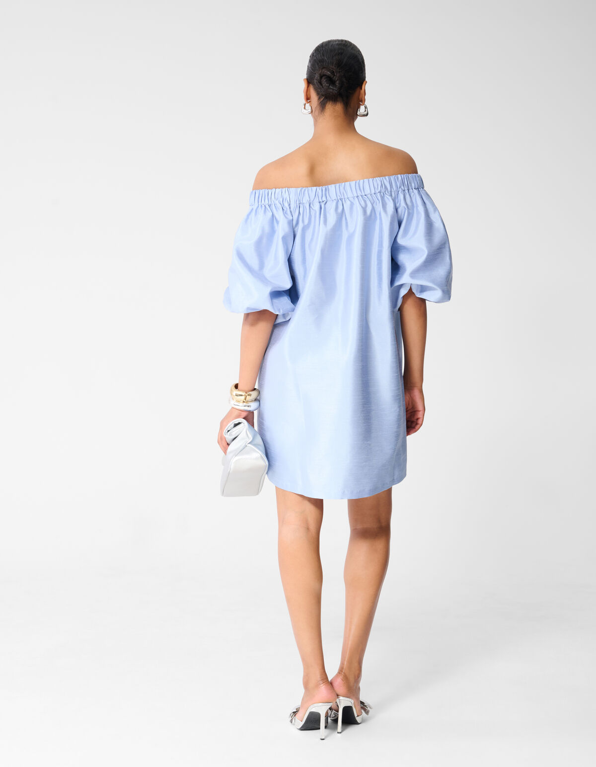 Shiny Off Shoulder Mini Jurk Lichtblauw