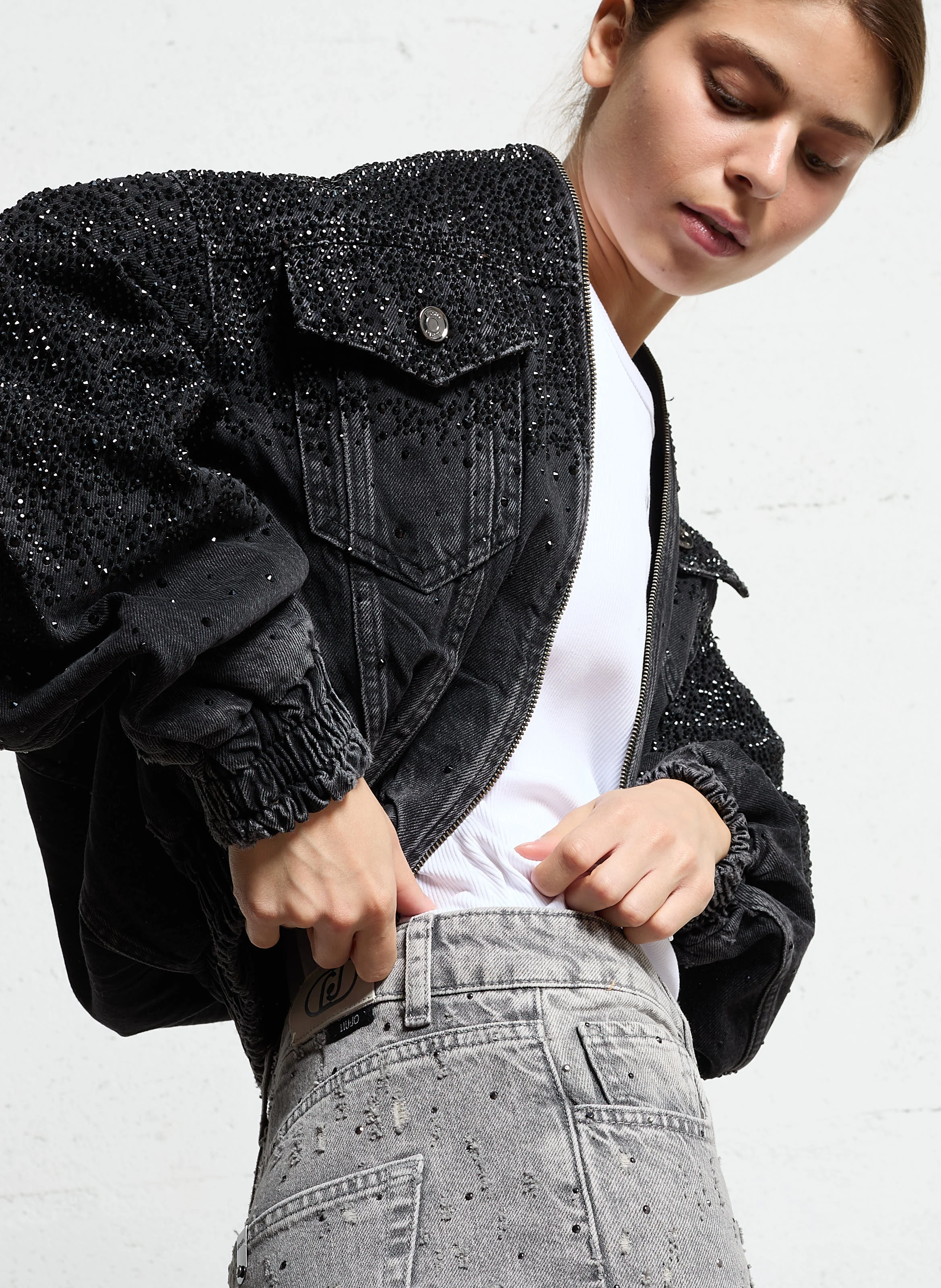 Bomber en denim à strass | Noir