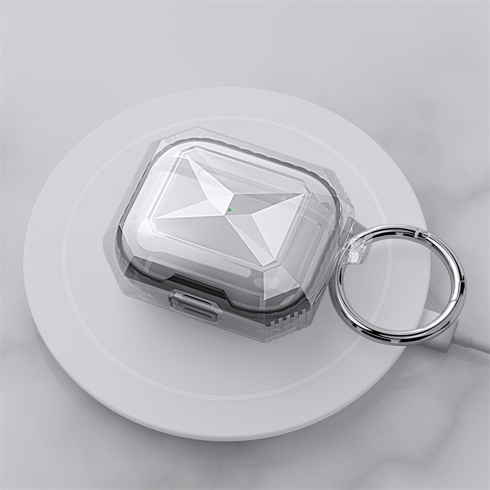 AirPods 4 Gummi Schutzhülle Air Cushion Fallschutz   Karabinerhaken - Grau / Transparent