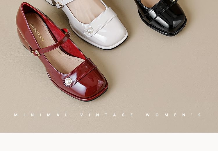 Aegina - Mary Jane pumps met vierkante neus, imitatieparels en blokhak