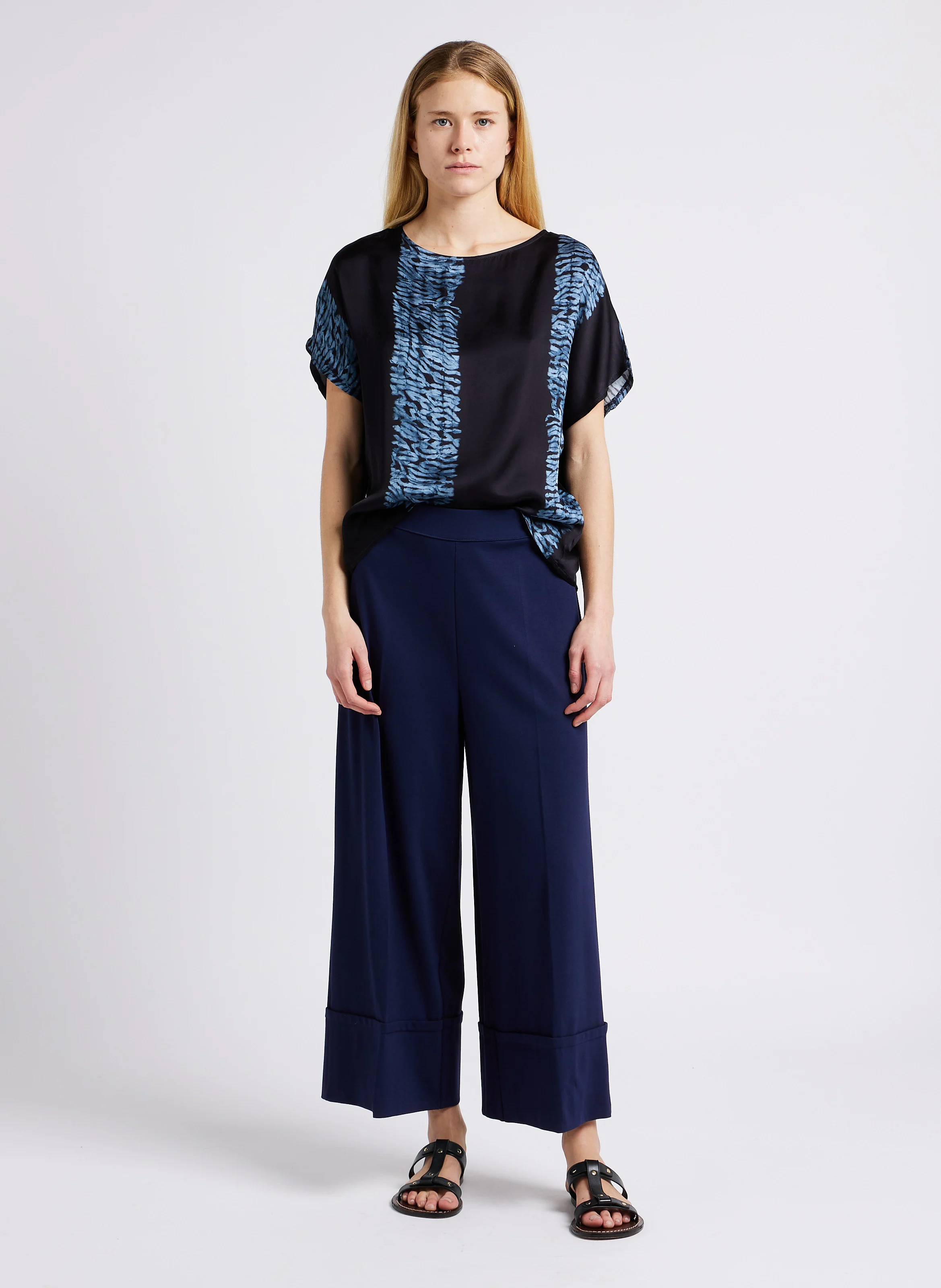 Pantalon large 7/8ème à ourlets en jersey milano stretch | Bleu