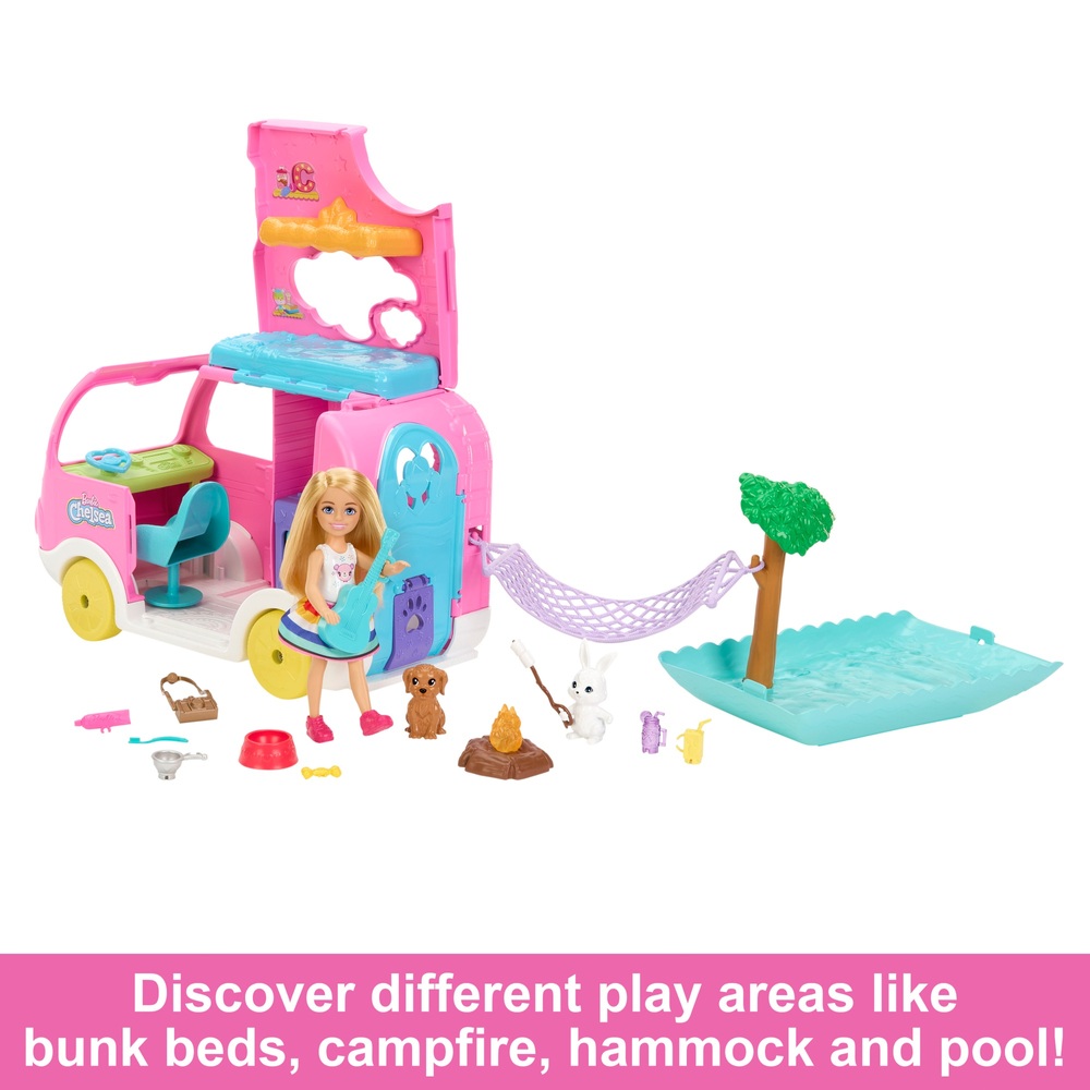 Barbie Club Chelsea 2-in-1 Wohnmobil-Spielset mit 2 Haustieren und Zubehör