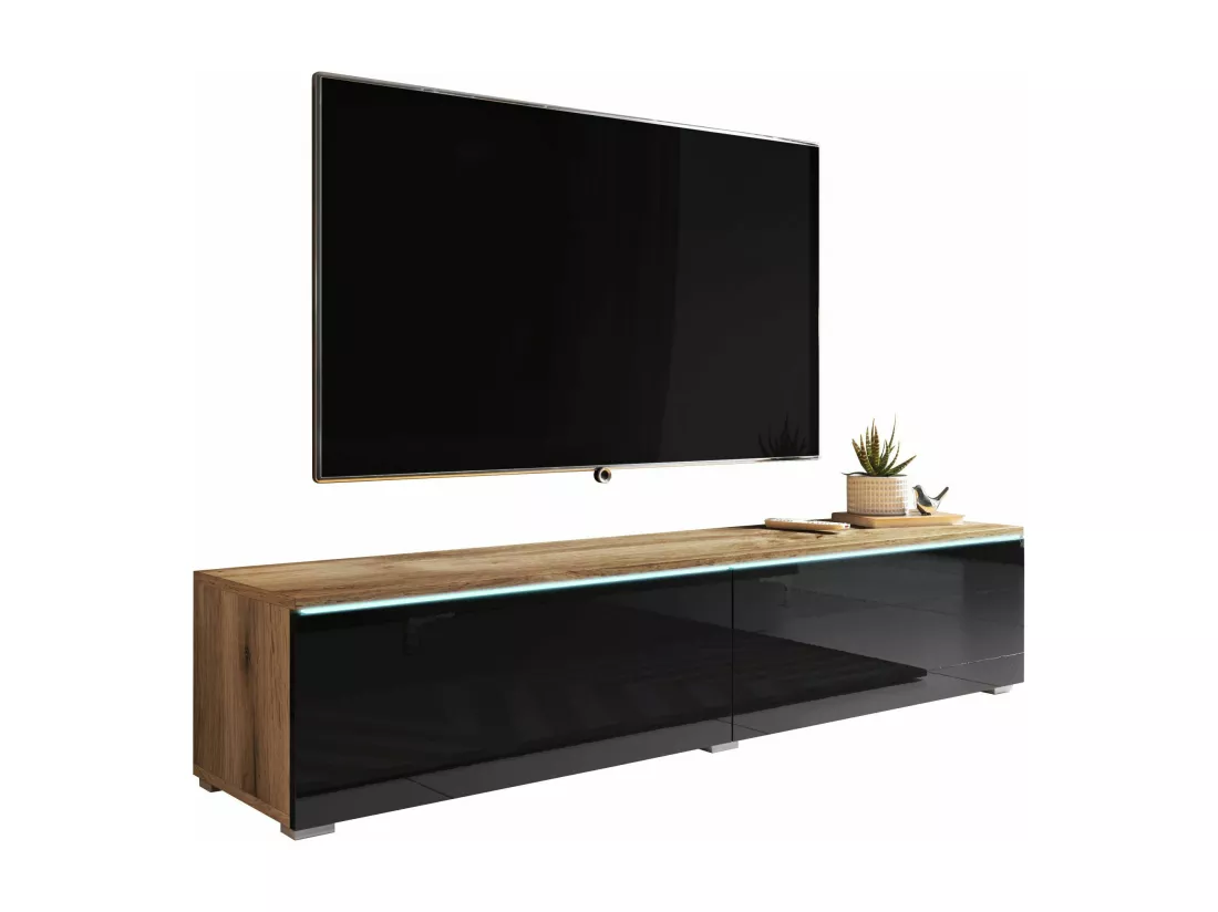Meuble TV - 140 cm - chêne wotan/noir brillant - avec LED - KANE