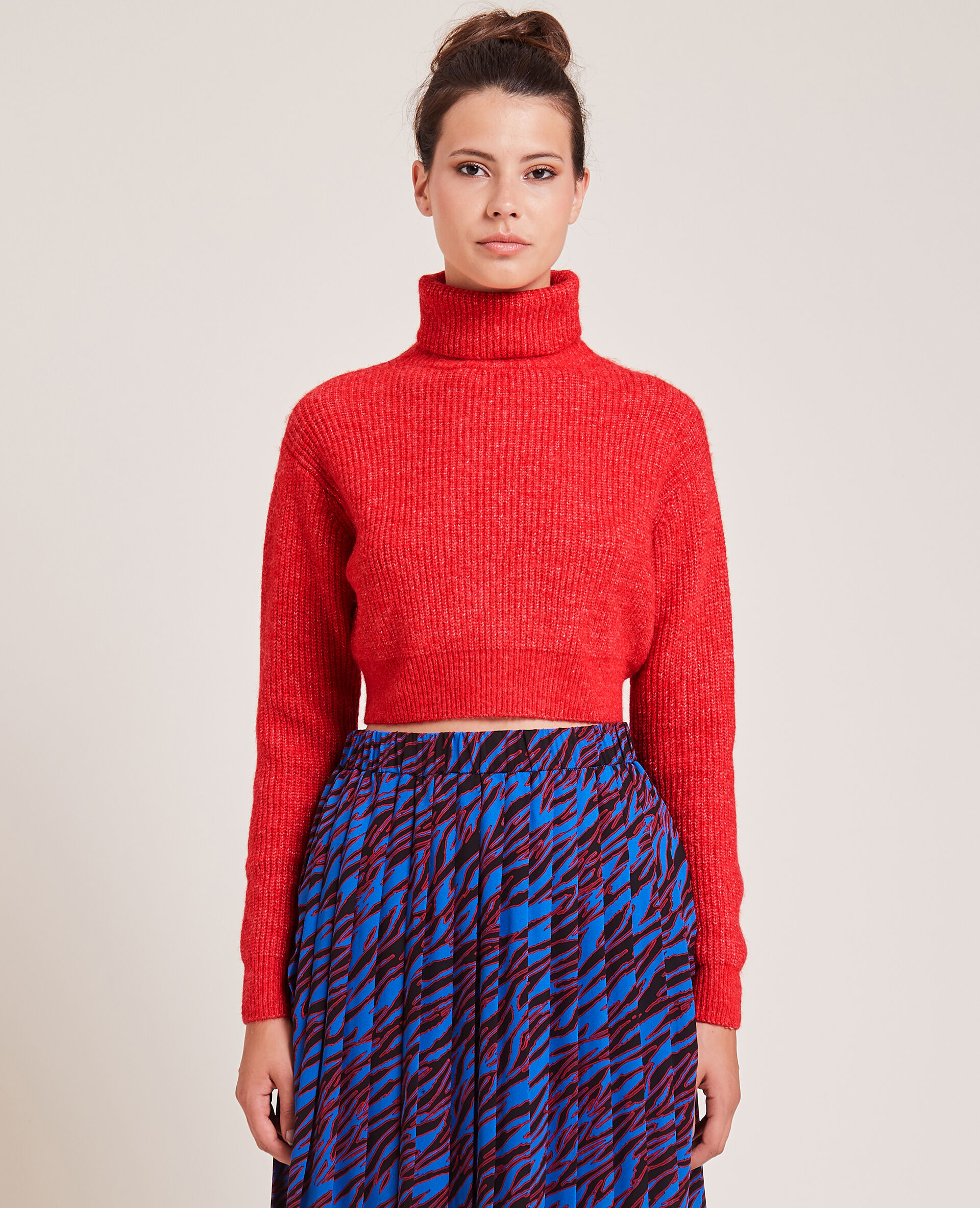 Pull cropped col roulé - Rouge