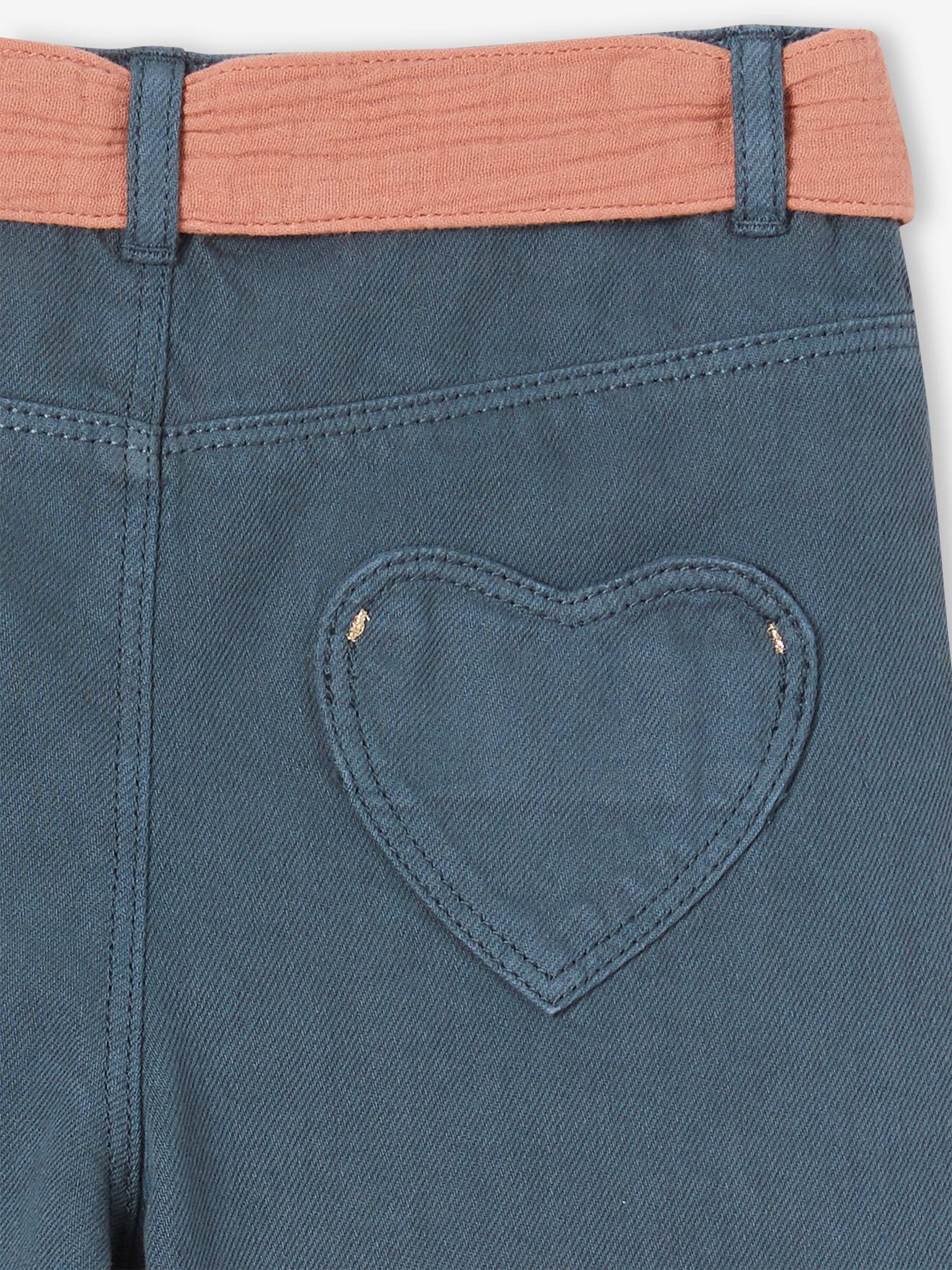 Calça boca de sino com cinto de chiffon de algodão para meninas, cor cru