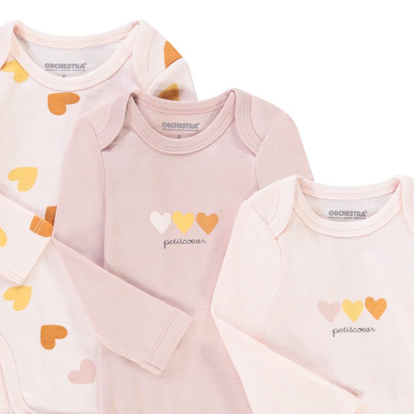 Lot de 3 bodies manches longues en coton imprimé pour bébé fille - Fuchsia