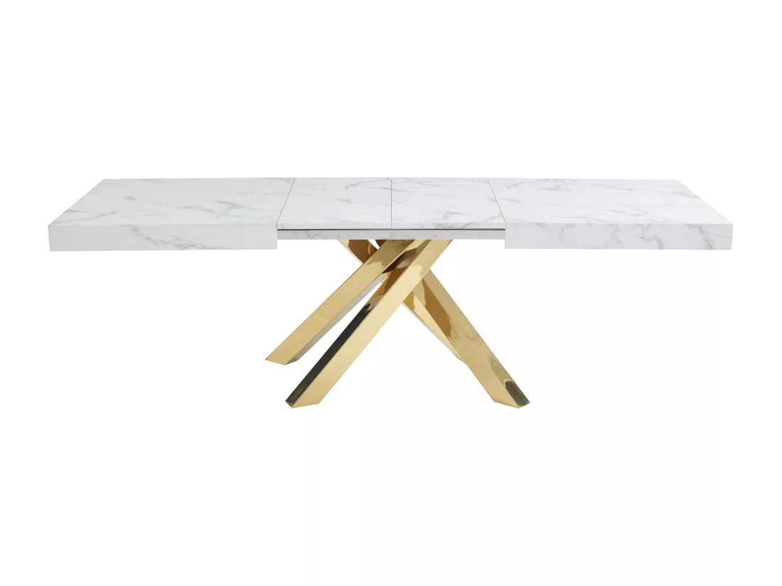 Table à manger extensible 6 à 10 personnes en MDF et métal - Effet marbre blanc et doré - CATONAV