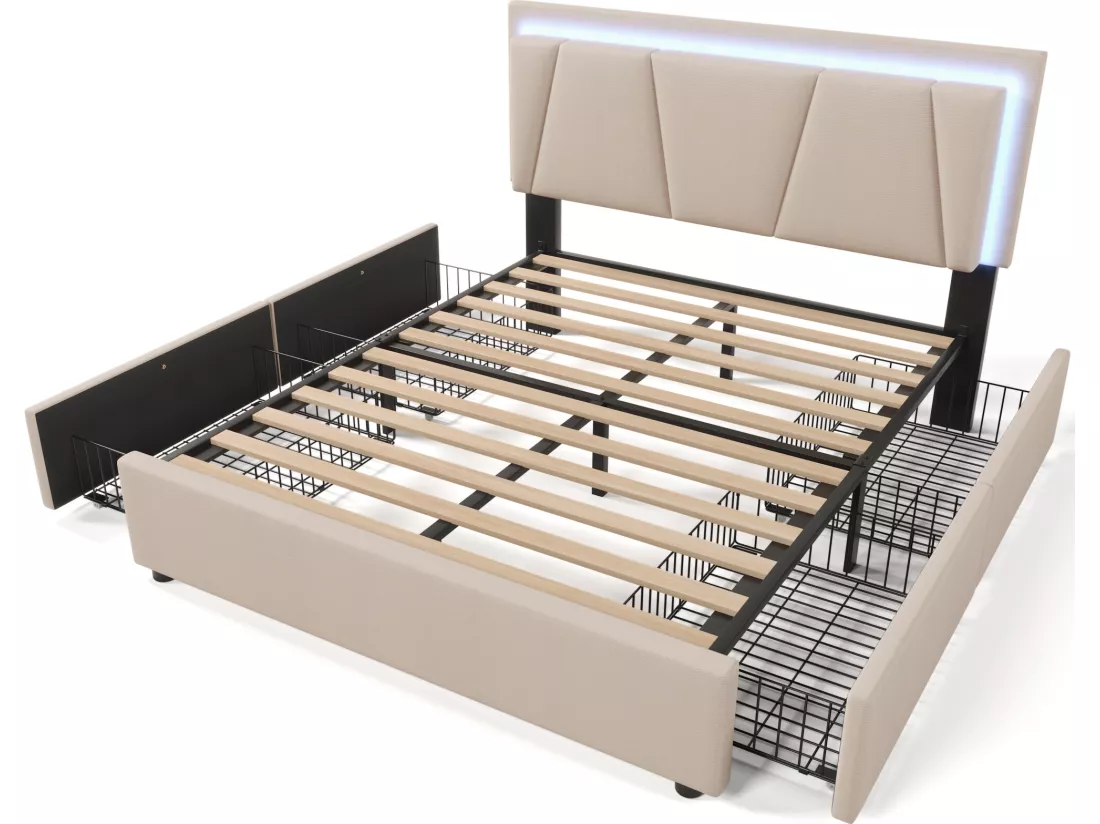 Lit rembourré 140x200cm en lin - avec 2 tiroirs + LED + sommier à lattes - Beige