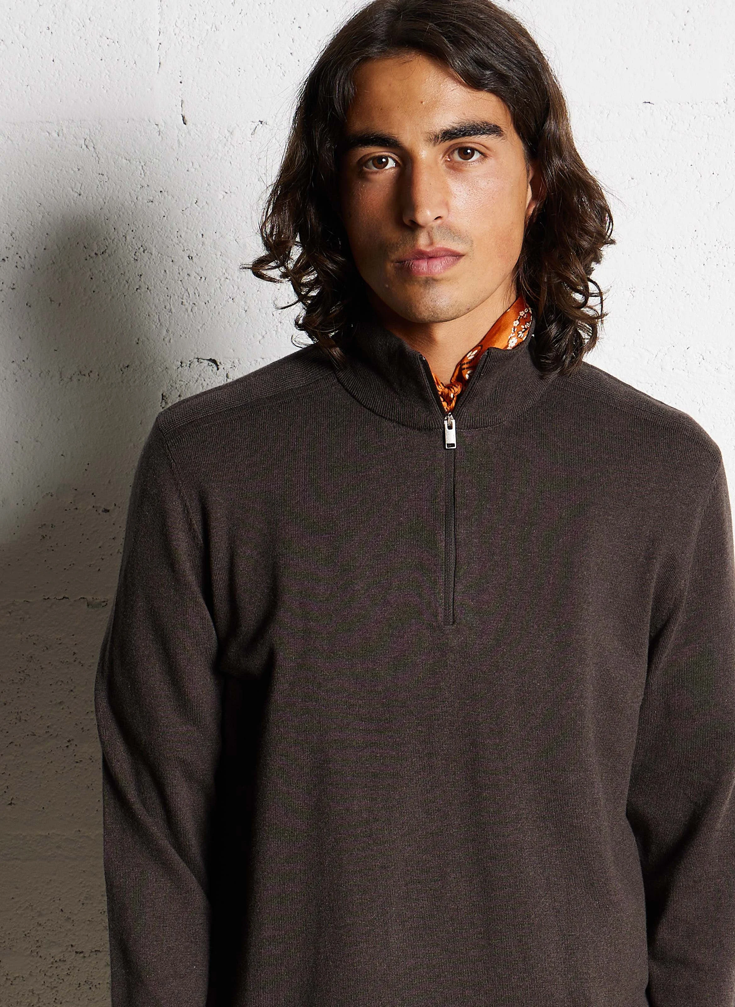BERG - Pull col montant zippé regular-fit en coton | Marron