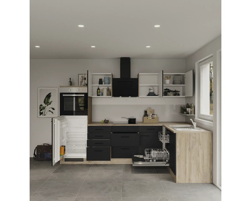 Flex Well hoekkeuken met apparatuur Capri 280 cm mat zwart gedemonteerd omkeerbaar 00012604
