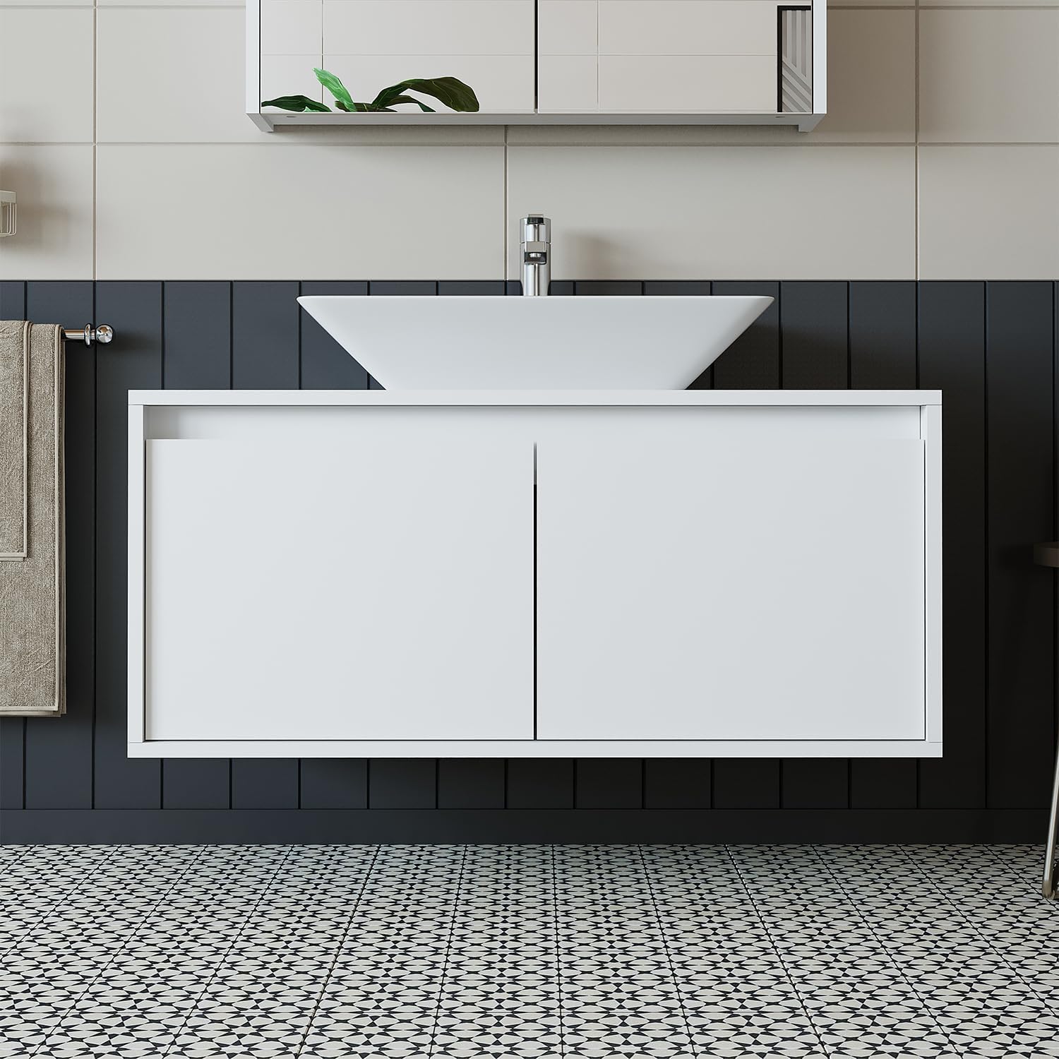 • Badezimmermöbel Set • Atlantic • 4 Teilig Badezimmerschrank • 100 cm Unterschrank mit Keramikwaschbecken • Spiegelschrank • Hochscrank (Weiß, Waschbecken mit Unterschrank)