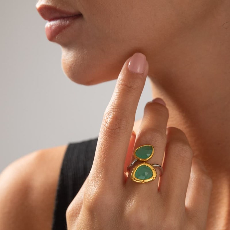 Bague Argent Rhodiée Toi Et Moi Ovale Verte