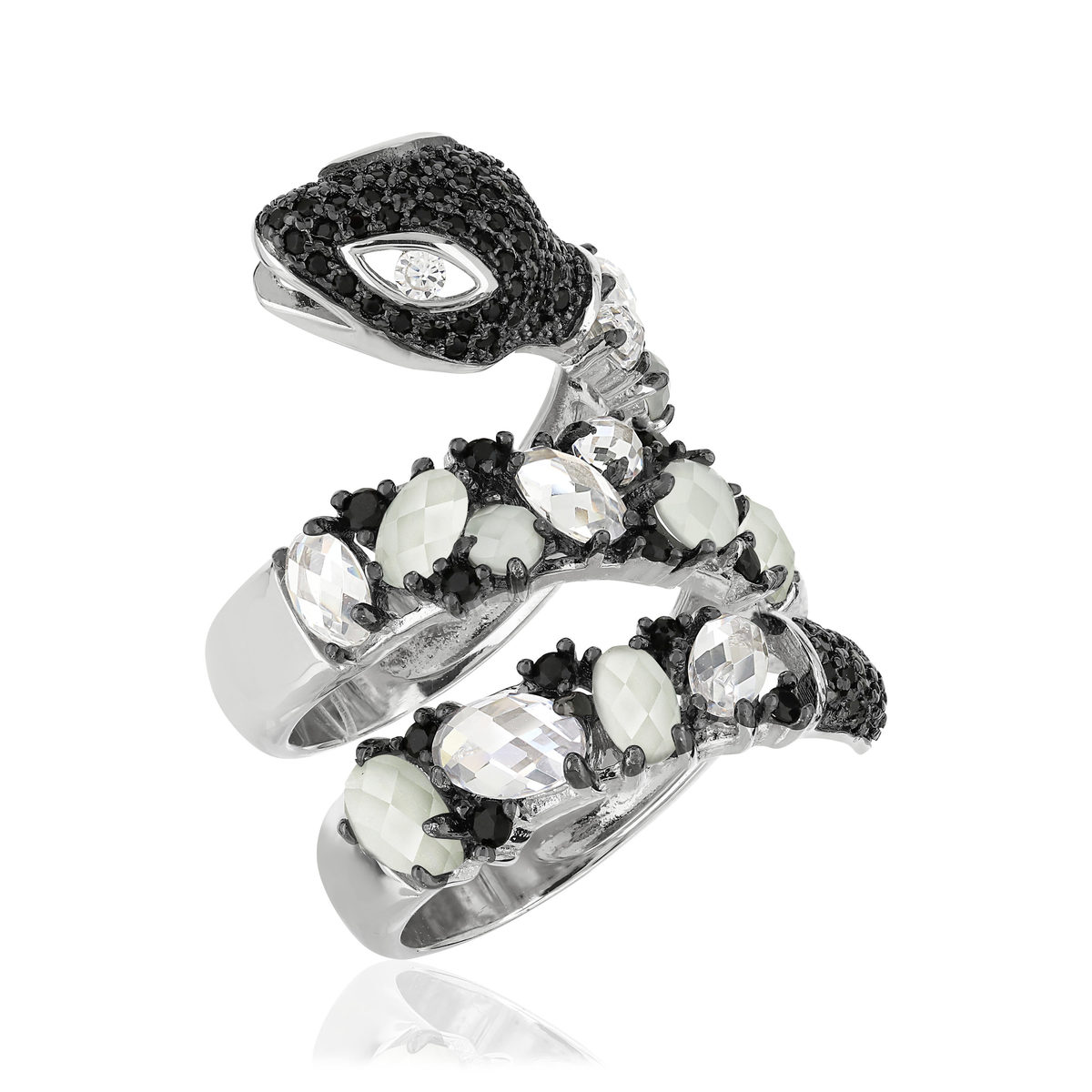 Bague argent 925 serpent pierres imitations et zirconias noirs et blancs
