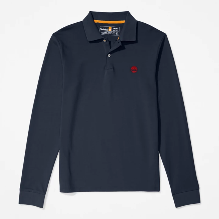 Camisa polo de manga comprida Millers River em piqué para homem, na cor azul marinho.
