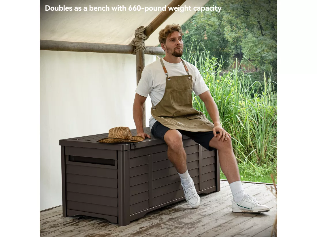 YITAHOME Grande Boîte de rangement de jardin - 450 L - Verrouillable avec Couvercle - Marron - 141 x 66,8 x 59.9 CM