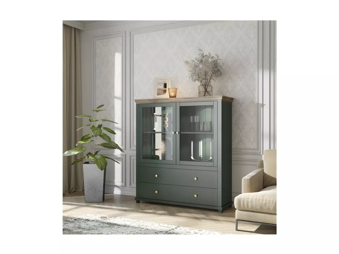 Vaisselier avec LED intégrées collection ASSIA. Coloris vert et chêne. 2 Portes et 2 Tiroirs