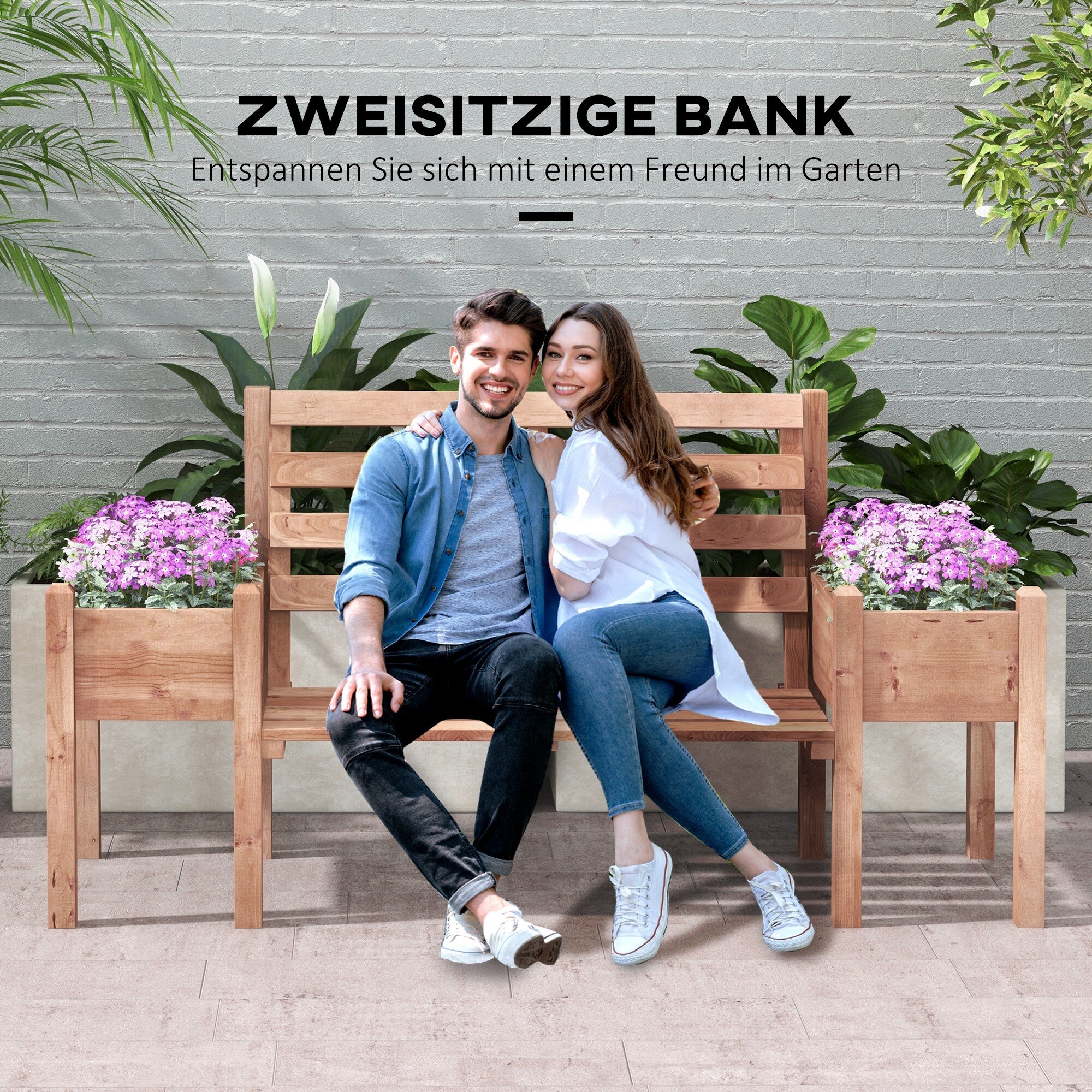 Outsunny Gartenbank mit 2 Blumenkästen braun 184L x 59B x 95H cm
