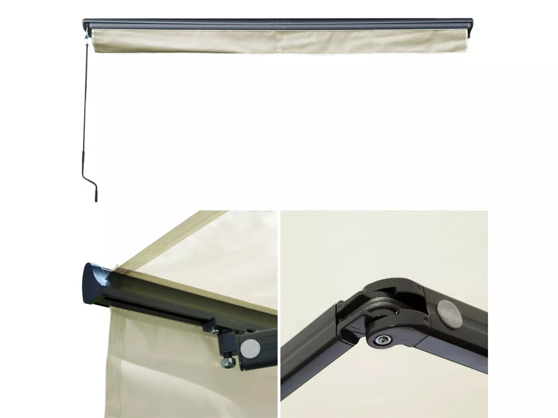 Store banne SAULE 3,5 × 3m avec semi-coffre - Toile beige et structure grise - HAPPY GARDEN