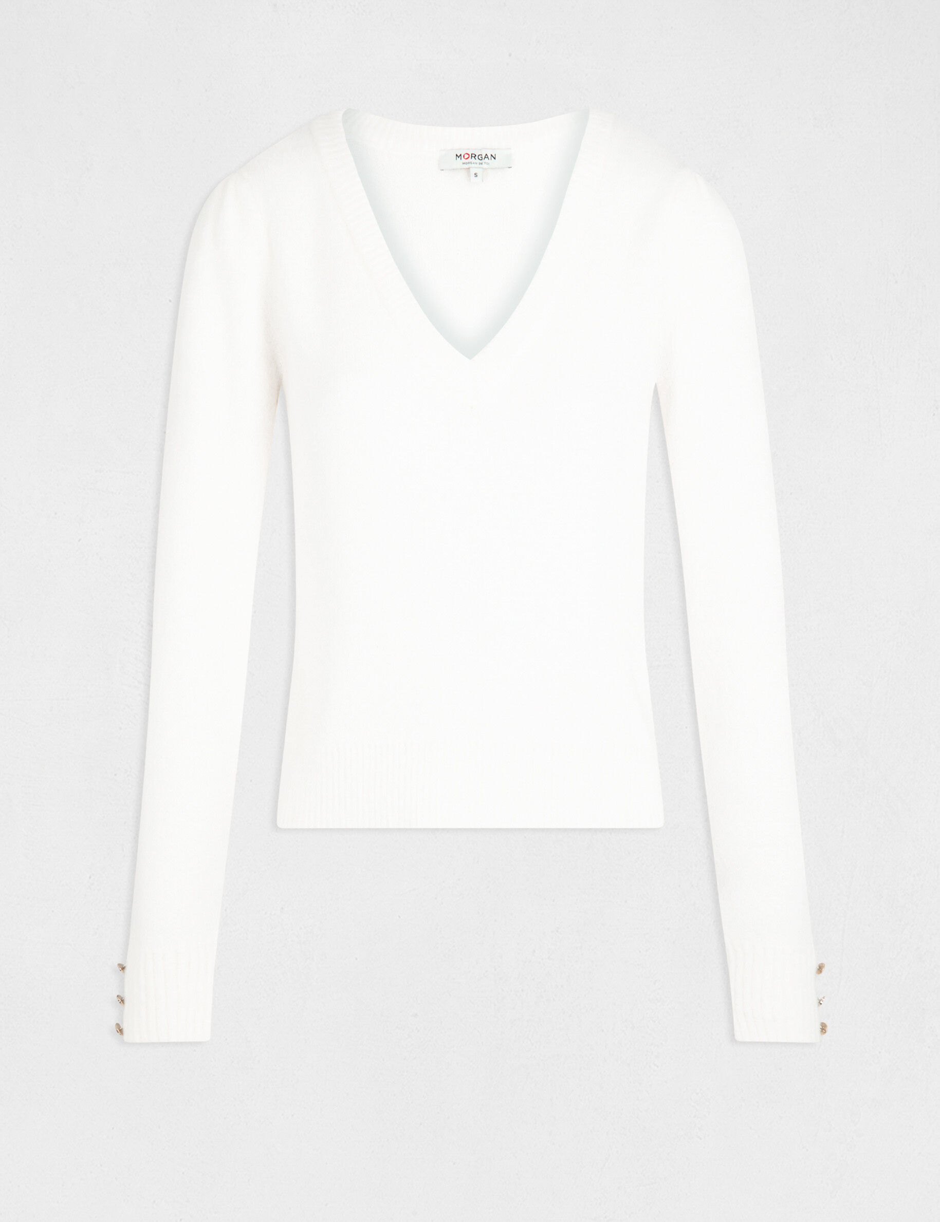 Pull manches longues avec col en V ivoire femme - ivoire