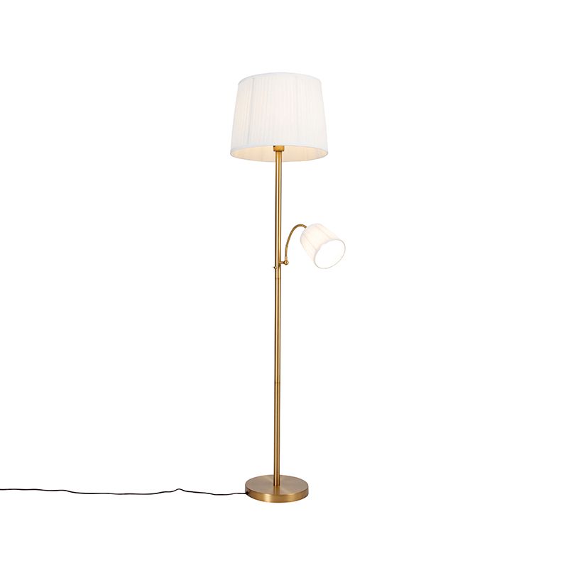 Klassieke vloerlamp brons stoffen kap wit met leeslamp - Retro