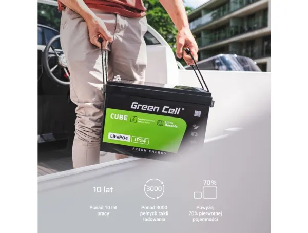 Green Cell LFPGC12V100AH, Lithium jern fosfat (LiFePO4), 12,8 V, Sort, Grøn, 100 At, 1280 Wh, 10 År