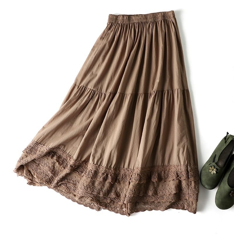 CosmoCorner - Midi-lijn rok met elastische taille en kanten rand