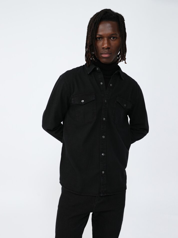 Camisa jeans de manga comprida - Preta