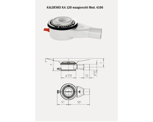 Kaldewei KA 120 horizontale doucheafvoer, model 4106, met haarvanger, zonder afdekking, 687772530000