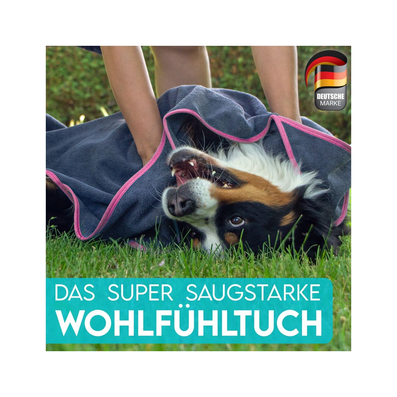 HUND IST KÖNIG ® Hundehandtuch extra saugfähig | Hunde Handtuch aus Mikrofaser mit 4 Eingriffen grau/ rosa