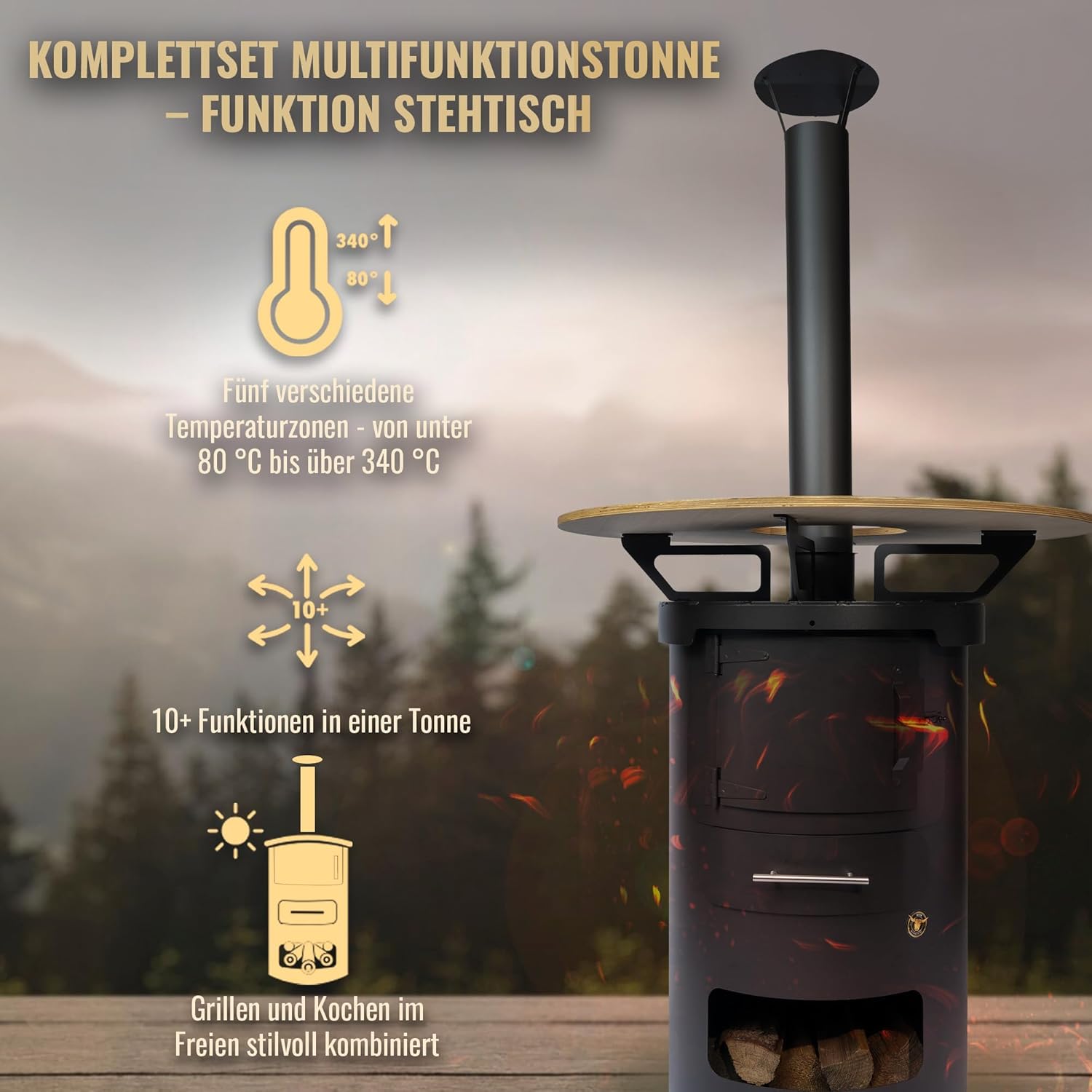 Komplettset – Multifunktionstonne als Stehtisch-Set #829 – 100 cm Stehtischaufsatz & Feuerkorb – A. Weyck Tools Feuertonne, Dutch-Oven-Station, Bartisch & Kamin – hitzebeständig bis 700 °C