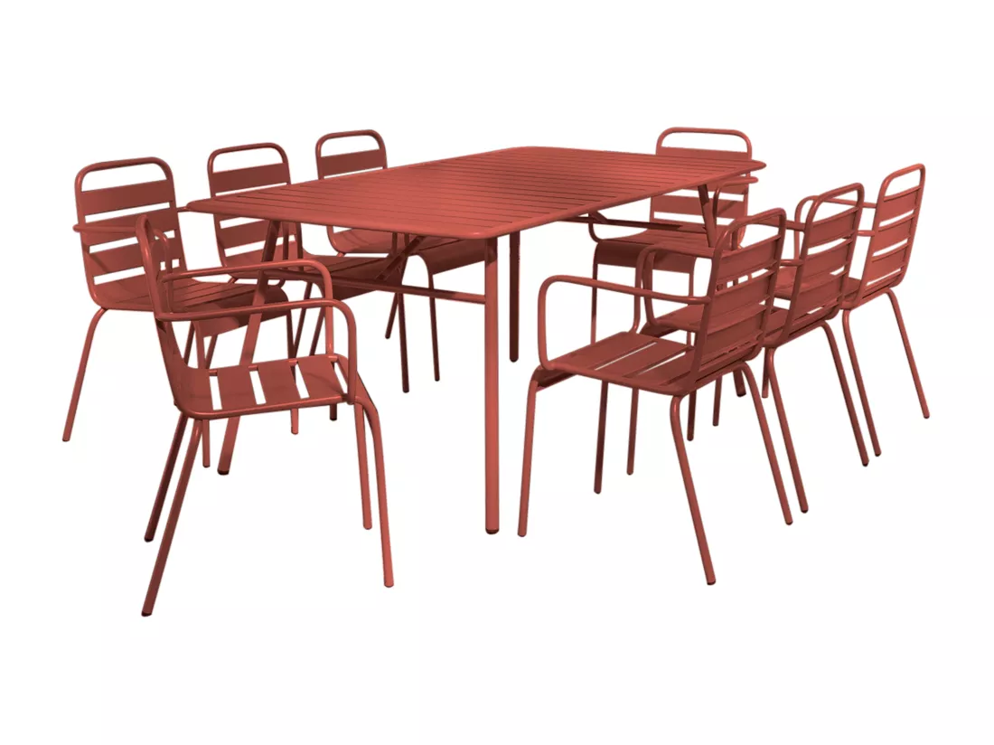 Salle à manger de jardin en métal - une table L.200 cm et 8 fauteuils empilables - Terracotta - MIRMANDE de MYLIA