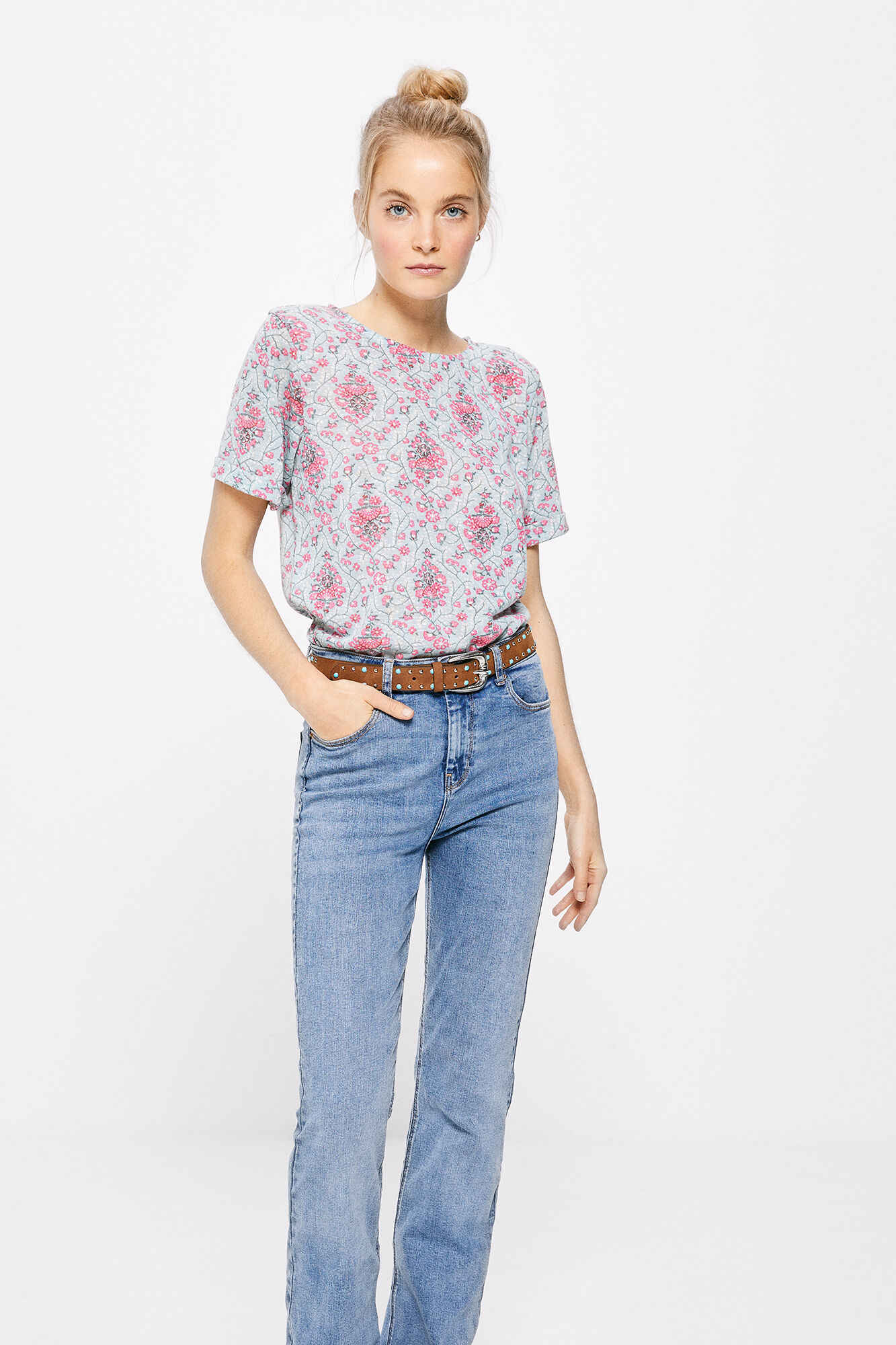 Camiseta estampada com mangas dobráveis - Azul Médio