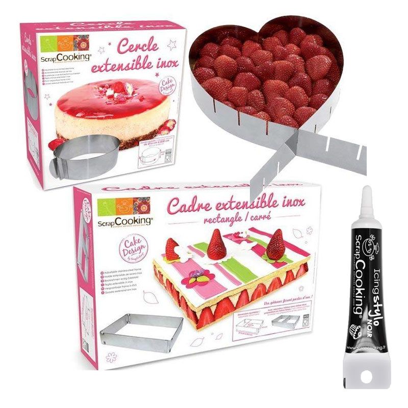 3 cadres pâtisserie extensibles coeur, cercle & rectangle + stylo glaç