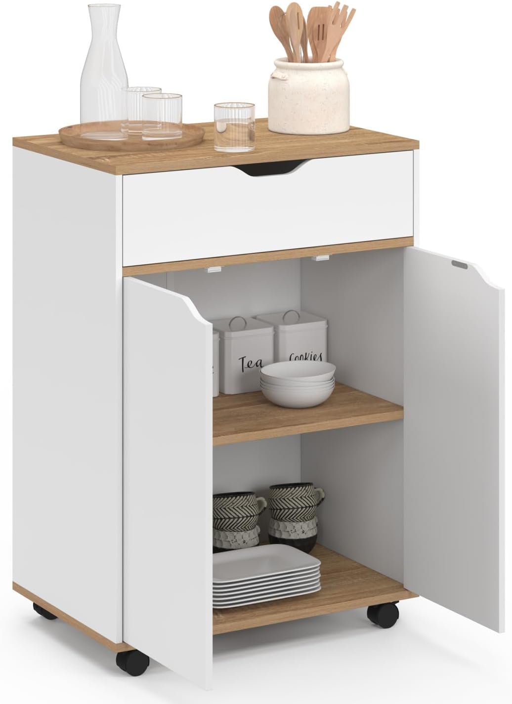 IDMarket - Desserte de cuisine COSY placard avec tiroir bois blanc et plateaux façon hêtre L.60 CM WH4151998