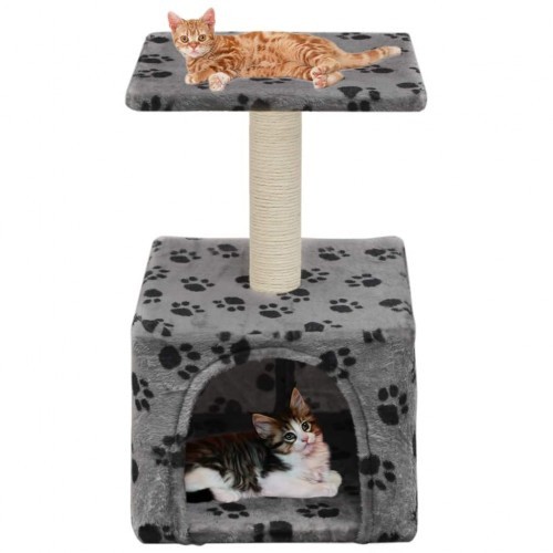 Arranhador para gatos, cinza, com pegadas de patas.