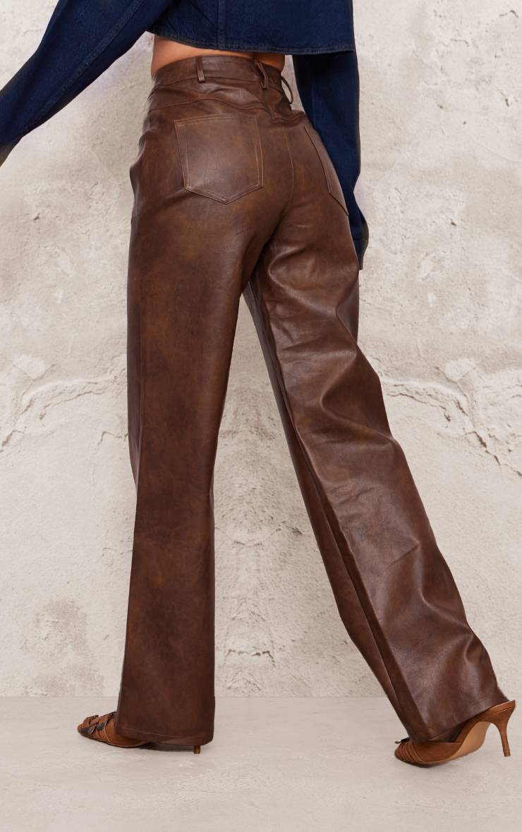 Chocolat Pantalon Droit En Synthétiquecuir Effet Délavé