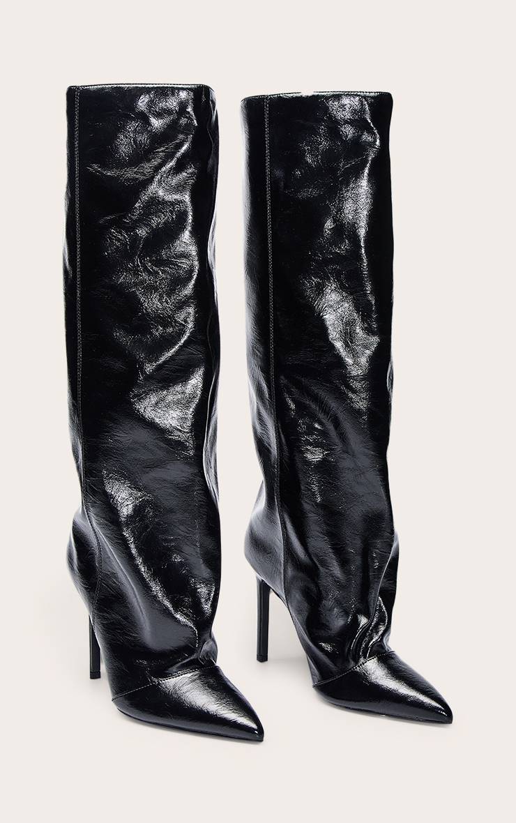 Noir Bottes Au Genou Froncées En Cuir Verni Froissé