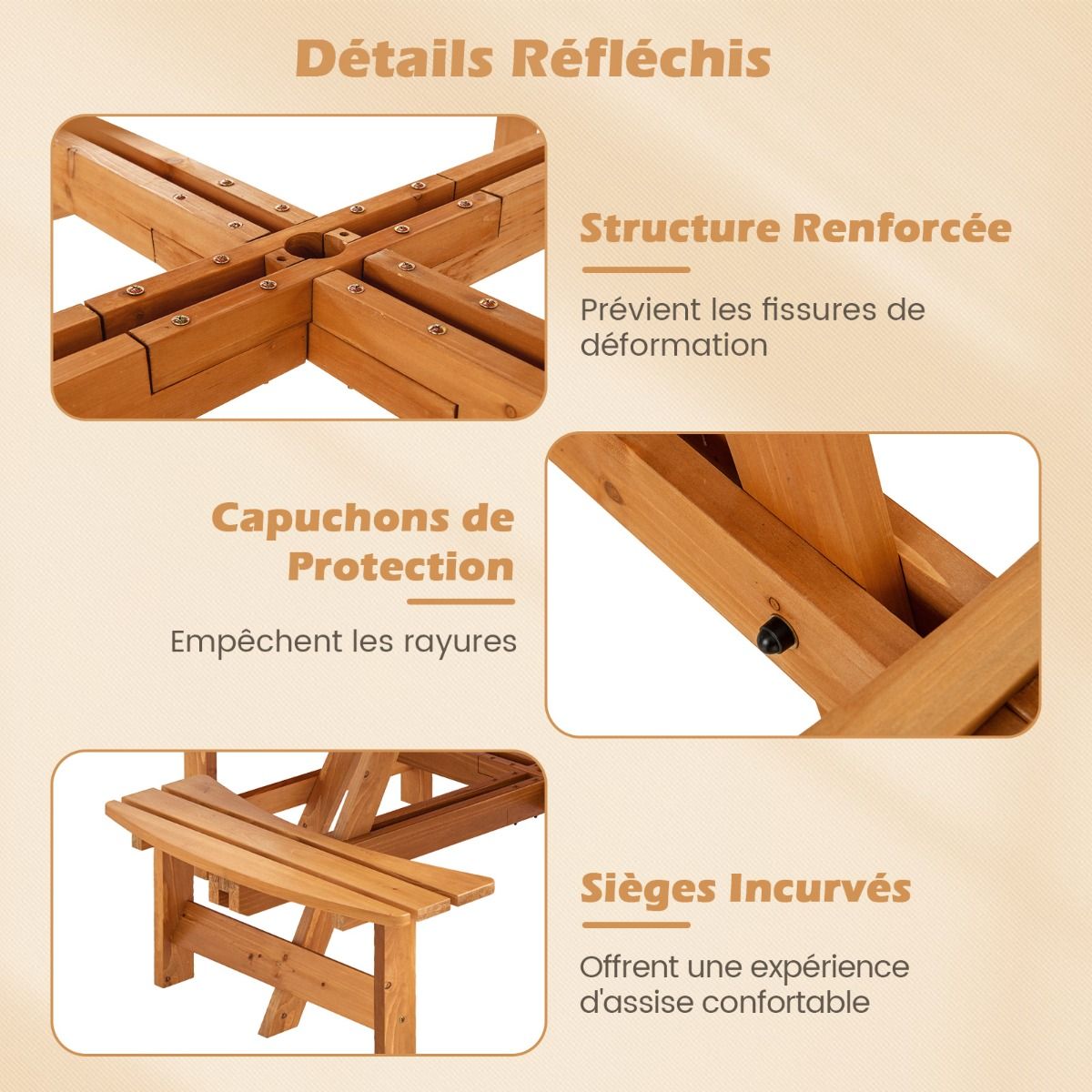 Ensemble Table de Pique-Nique en Bois pour 2 à 8 Personnes Set Table et Banc Circulaire avec 4 Bancs Intégrés Trou de Parasol de 5cm Marron/Jaune - Lidl-Manfred