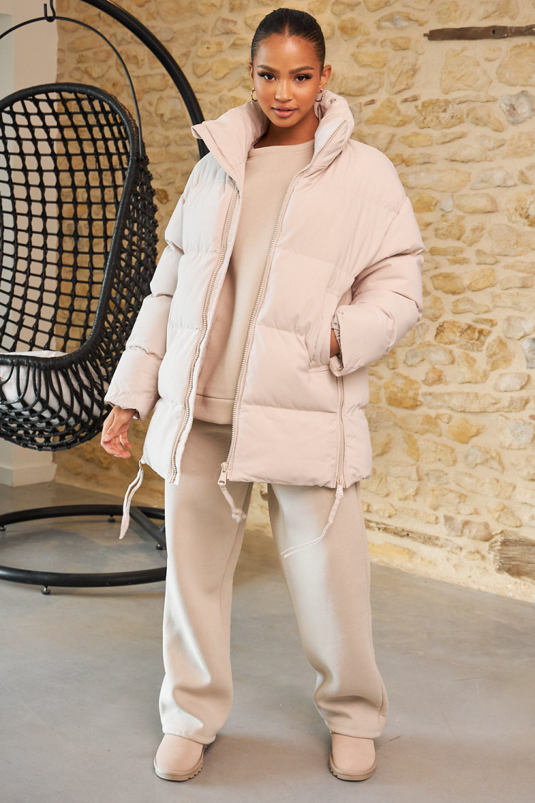 Doudoune beige matelassée mi-longue
