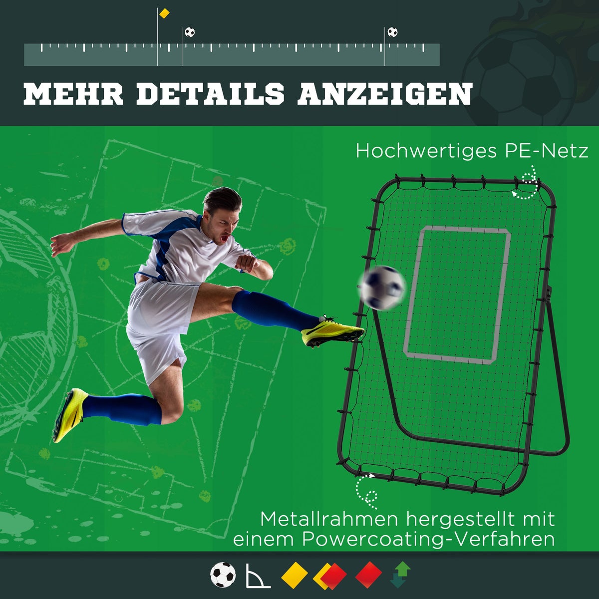 HOMCOM Football Rebounder, opvouwbaar voetbaldoel, kickback reboundmuur met 4 verstelbare niveaus, 123 x 73 x 178,5 cm, PE-net, ijzer, zwart