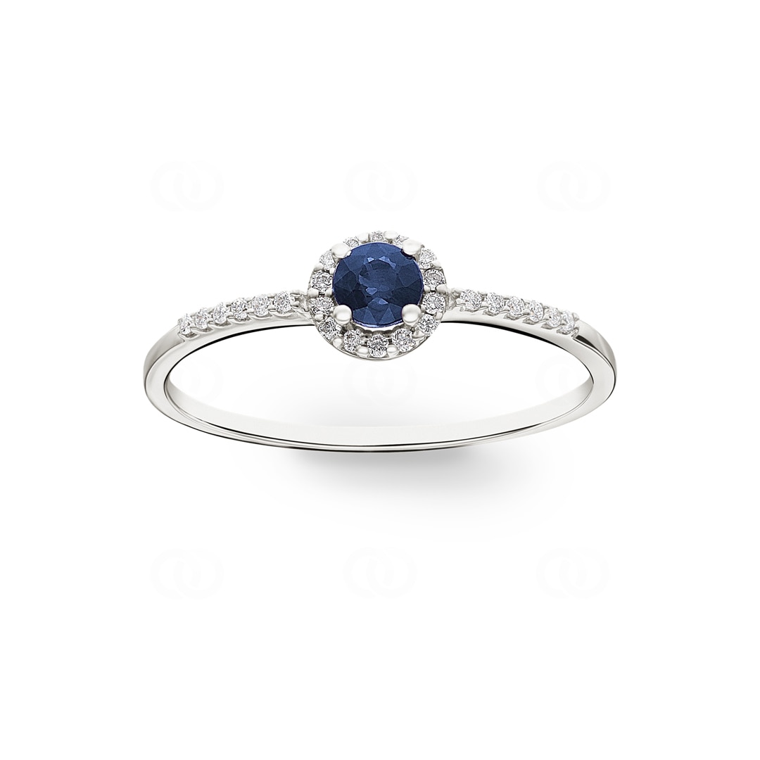 Damenring 750/18 K Weissgold mit Saphir rund und Diamanten 0.07 ct H/si