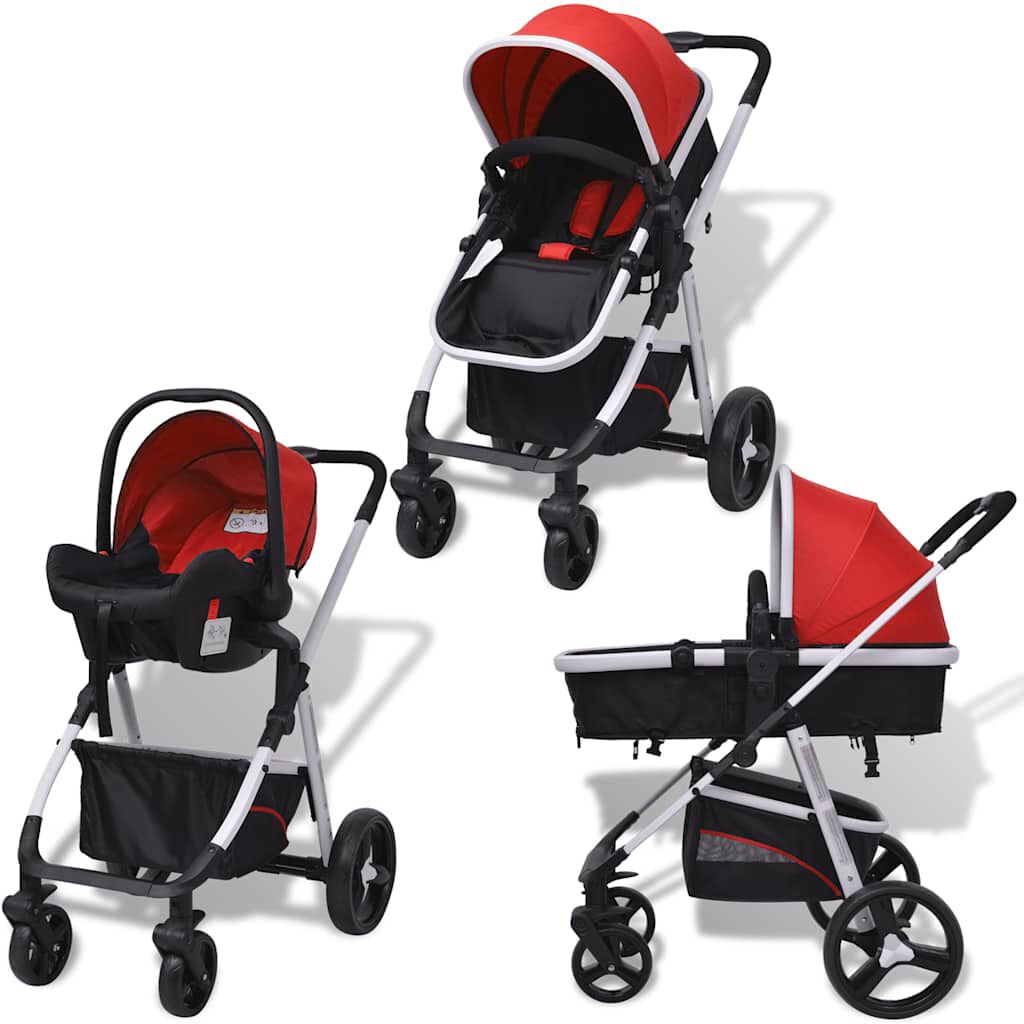 vidaXL 3-in-1 kinderwagen aluminium rood en zwart