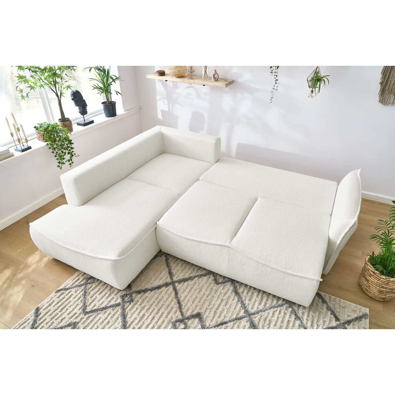 Bobochic Canapé d'angle L gauche convertible bouclette Léon blanc - 257x90x194 cm