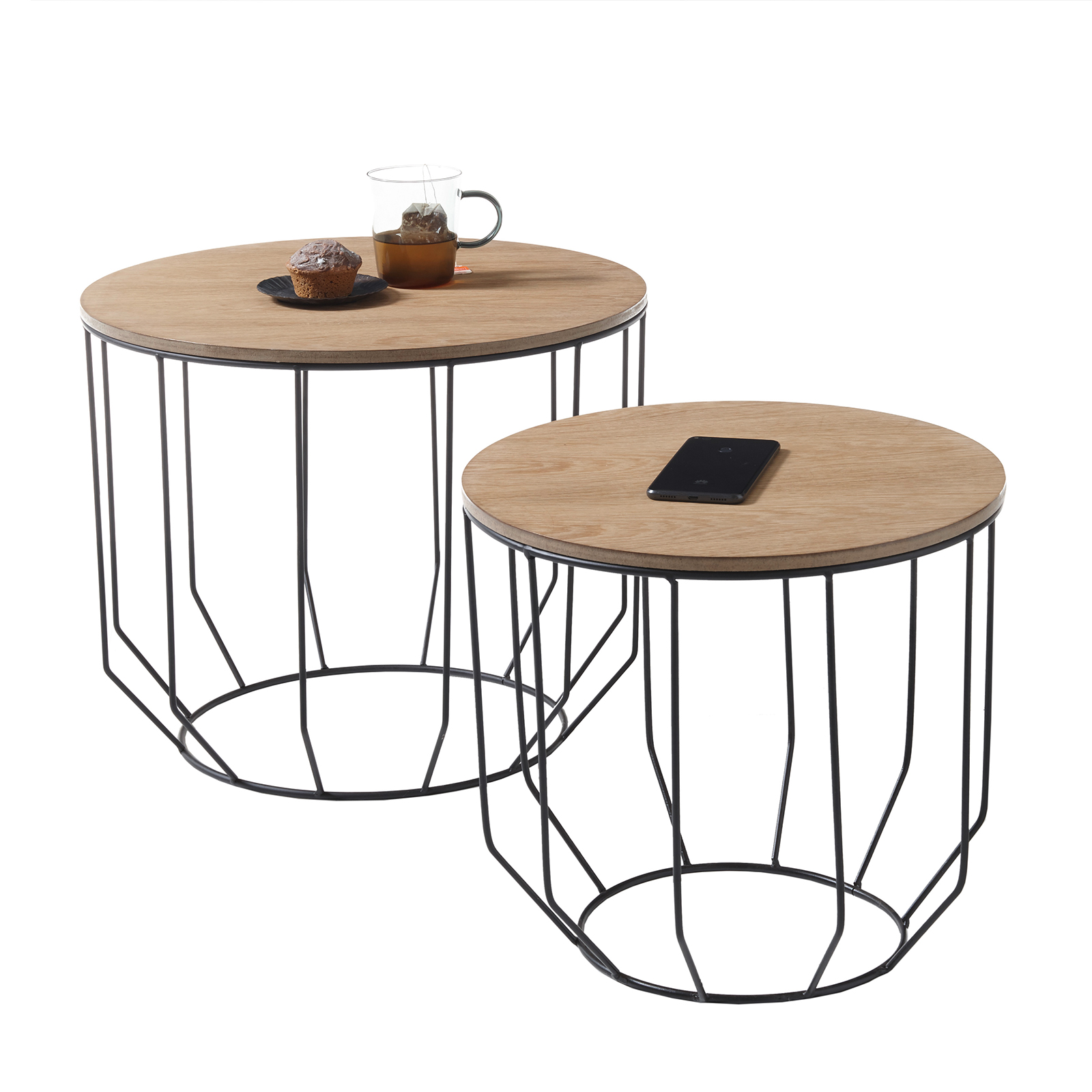 2er-Set Couchtisch - Eiche-schwarz - Metallgestell