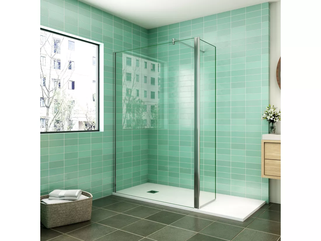 Paroi de douche à l'italienne 130x200cm avec retour pivotant 50x200cm - Verre securit - Avec barre de fixation carrée 90cm