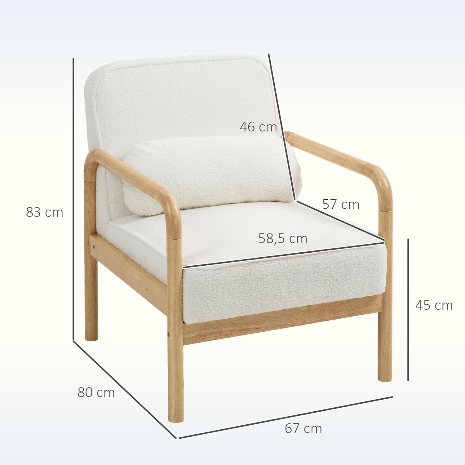 HOMCOM Sessel Wohnzimmer Loungesessel mit Armlehnen, Holzbeine, Großen und Dicken Sitz, Relaxsessel Lesesessel mit Wurfkissen, Bouclé-Optik, Polstersessel für Schlafzimmer Weiß