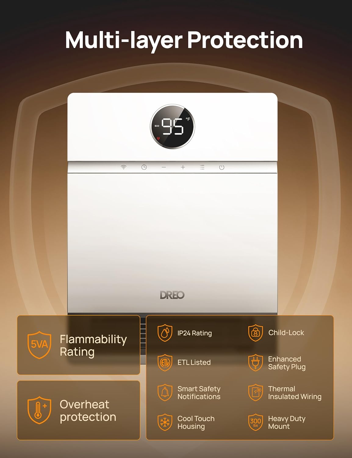 Dreo Chauffage mural intelligent - Fougère de sortie à 30° - 1500 W - Thermostat réglable - Télécommande - Minuterie - Chauffage Easy-Mount pour une utilisation en intérieur - Fonctionne avec Alexa