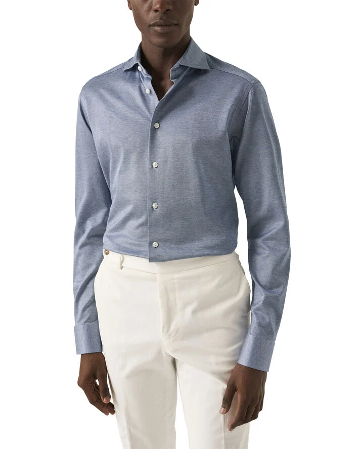 ETON Slim Fit Mid Blue Solid Filo Di Scozia Pique Shirt Blå
