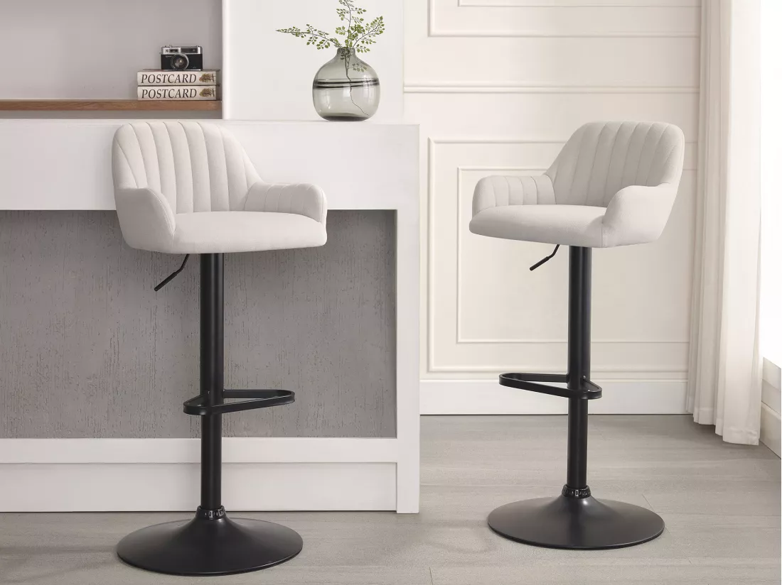 Lot de 2 tabourets de bar en tissu et métal noir - Hauteur réglable - Crème - ELEANA
