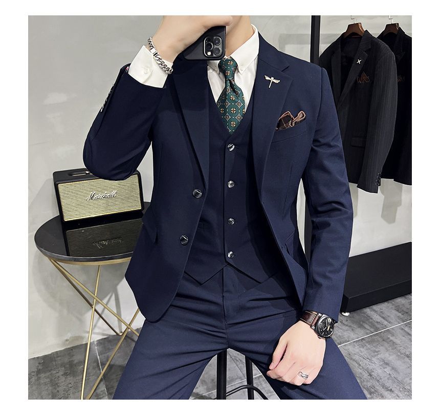 Deepwood - Set: effen enkelrijs blazer + vest + rechte pantalon